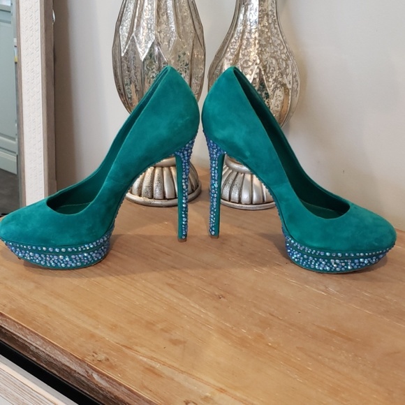 Brian Atwood Crystal Turquoise Suede Shoes Heels - Picture 7 of 8